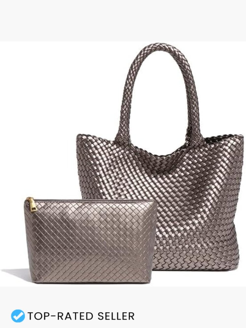 Vegan Leather Woven Tote Bag Large Shoulder Handbag with Pouch Minimal Chic
